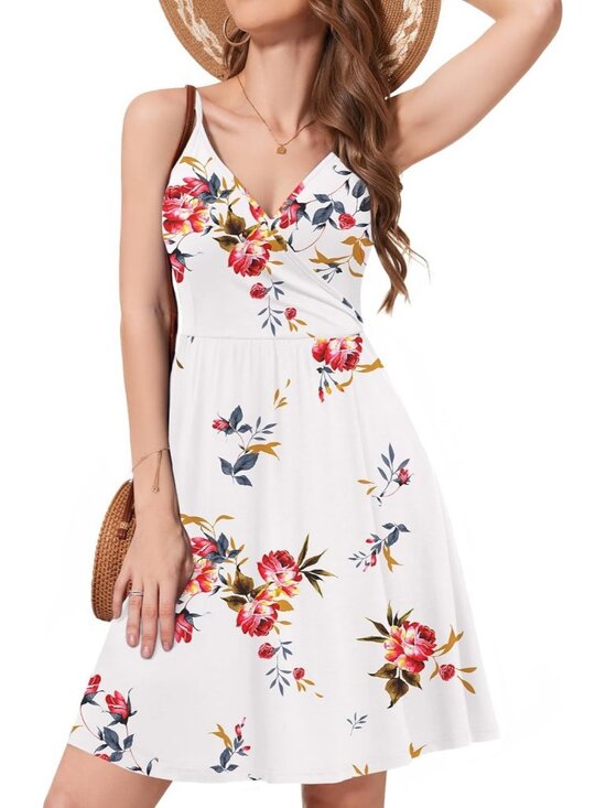 Dresses & Skirts - Women's Floral White Neck Spaghetti Strap Sundress Casual Beach Mini Dress